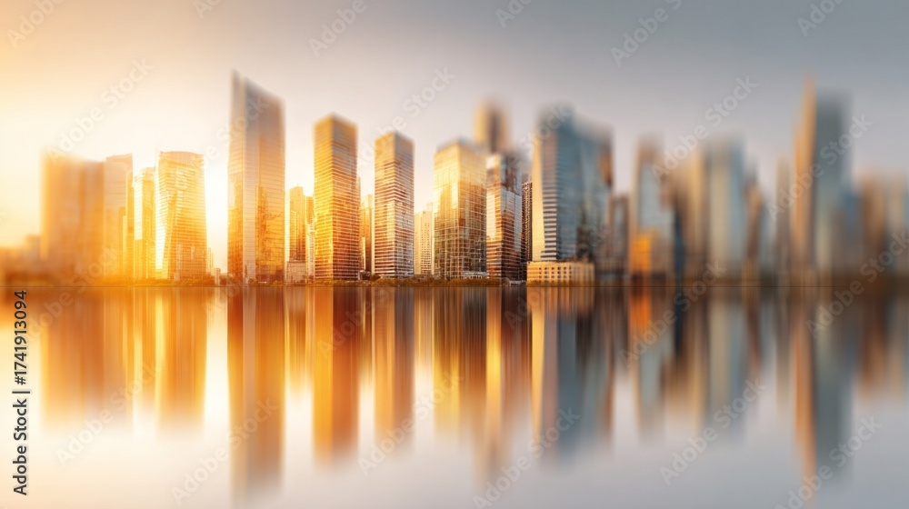Obraz premium Blurred modern financial district skyline background, tall glass skyscrapers, golden sunset glow reflecting, dreamy haze effect, smooth blur, large blank copy space for promotional text, professional.