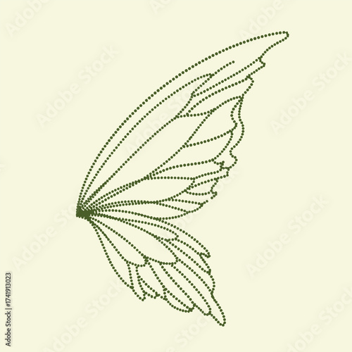 Elegant butterfly wing outline composed of dotted lines with intricate patterns and a delicate structure against a soft