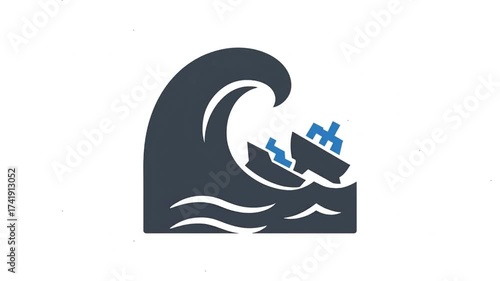 Tsunami wave sinking a ship animation icon.