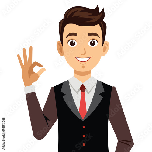 Professional man in formal wear showing an okay sign, giving approval, assurance, or confirming a good result.