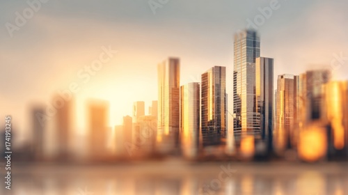 Blurred modern financial district skyline background, tall glass skyscrapers, golden sunset glow reflecting, dreamy haze effect, smooth blur, large blank copy space for promotional text, professional.
