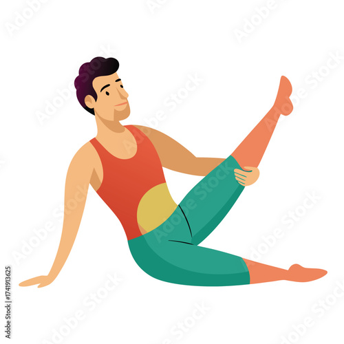 Relaxed man in a supine twist yoga position, stretching his back and spine for flexibility and relief.