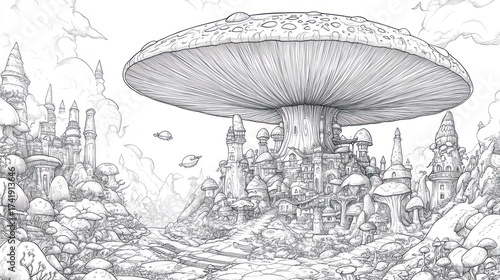 Fantasy mushroom city illustration with large cap housing many buildings, fantasy art, possible book cover