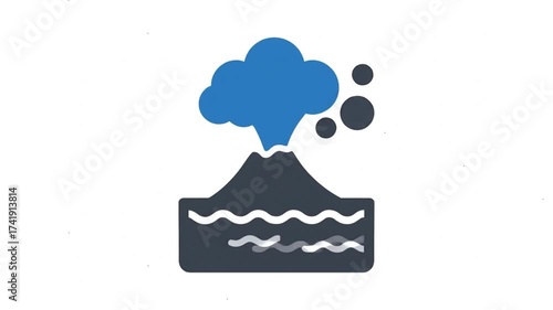 Volcano island erupting in ocean animation icon.