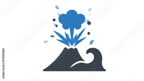 Volcano erupting causing tsunami animation icon.