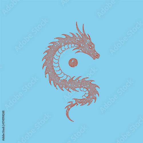 Stylized red dragon with intricate detailing and flowing mane on a light blue , symbolizing power and mysticism