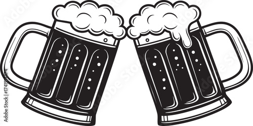 Two Clinking Beer Mugs Black Vector Illustration
