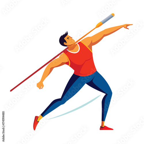 Athletic man throwing a javelin with a powerful motion, demonstrating track and field training and strength.