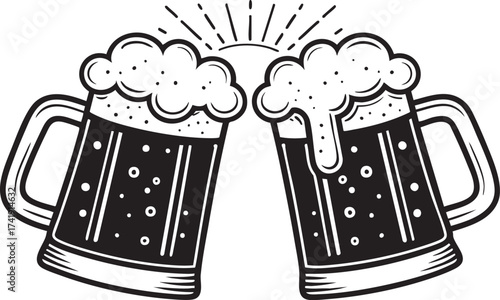 Two Clinking Beer Mugs Black Vector Illustration
