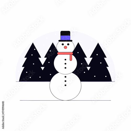Whimsical snowman with top hat and scarf in snowy forest