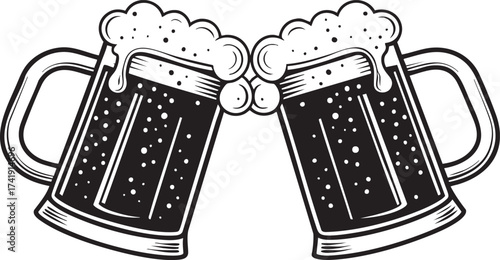 Two Clinking Beer Mugs Black Vector Illustration
