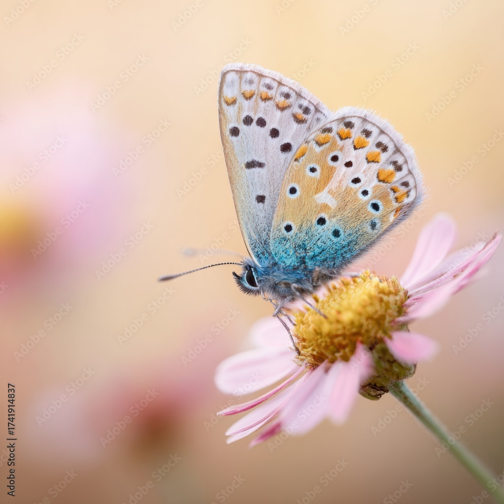 Obraz premium Vibrant Macro Photography of Colorful Butterfly on Delicate Blooming Flower in Nature's Serene Garden Ecosystem - A Close-Up Portrait of Spring's Beauty and Pollination Harmony