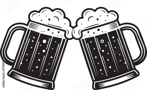 Two Clinking Beer Mugs Black Vector Illustration
