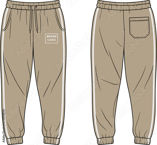 CAD drawing flat vector, jogger pants front and back view, sweatpants fashion illustration, casual apparel technical design template