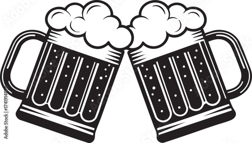 Two Clinking Beer Mugs Black Vector Illustration
