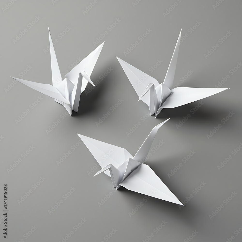 Naklejka premium Three Paper Cranes Origami on Neutral Background Top View