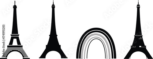 Paris Eiffel Tower silhouette set with rainbow icon, black vector design for travel, architecture, diversity, and French culture themes