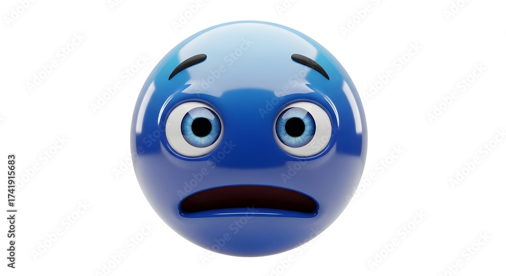 Fototapeta premium Blue scared emoji isolated on white background with a shocked expression