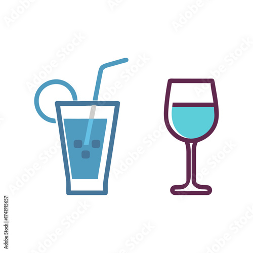 Two stylized drinks a cocktail and a glass of wine