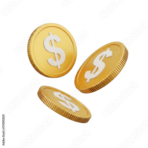 Golden dollar coins flying in air realistic 3d rendering for financial concepts isolated on transparent background