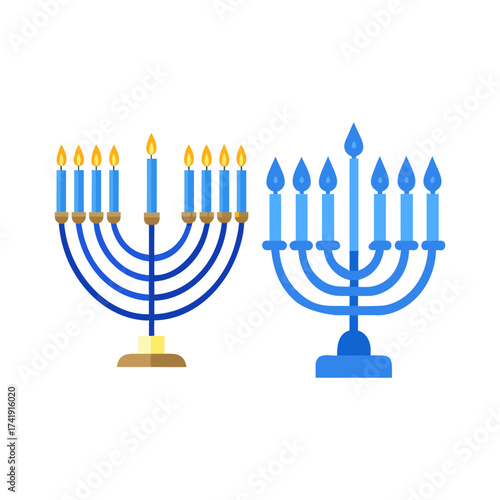 Two blue menorahs with lit candles on a white background