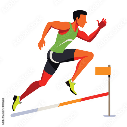 Athletic runner doing the high jump motion, soaring over a hurdle, representing triumph, ambition, and success.