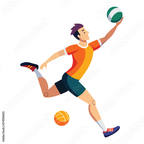 Powerful sportsman jumping high to perform a volleyball spike, demonstrating athletic action, vertical leap, and intensity.