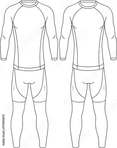 Men’s compression suit vector front and back view, athletic wear CAD drawing, sports base layer fashion design template