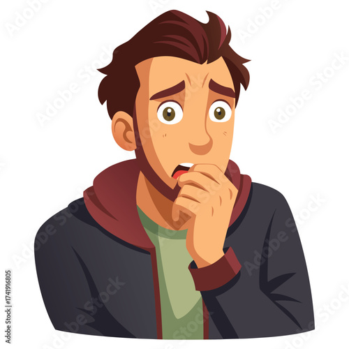 Stressed and worried male biting his fingernails nervously, expressing anxiety and intense emotional distress.