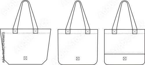 Tote bag CAD drawing flat vector, fashion technical sketch, handbag design template, sewing pattern illustration, accessory design mockup outline