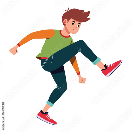 Energetic young guy in sneakers kicking his leg up high, showing dynamic motion, strength, and physical fitness.