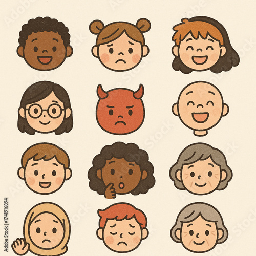 Diverse people avatars with various emotions.
