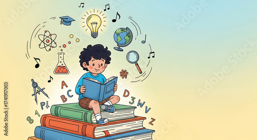 Young Boy Reading Book Sitting on Stack of Large Colorful Books Surrounded by Educational Icons in Bright Illustration