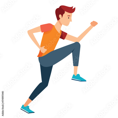Athletic young man performing a high knee running drill, a cardio and agility exercise on a clean white background.
