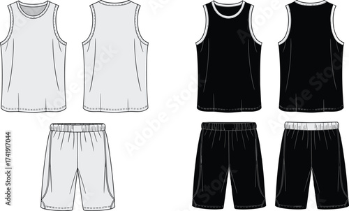 Men’s basketball uniform vector front and back view, sportswear tank top and shorts CAD drawing, athletic outfit template