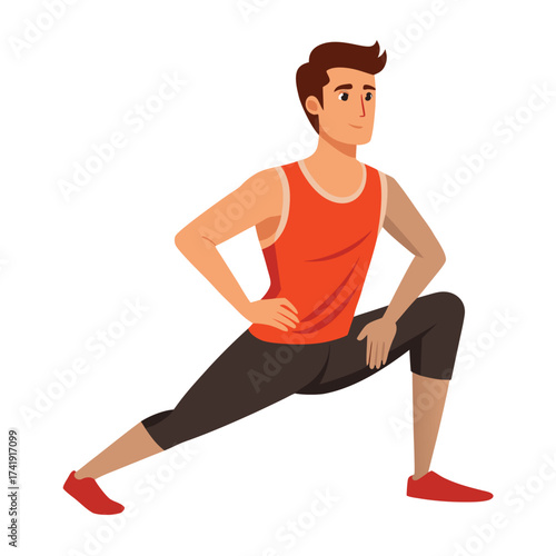 Fit young man in athletic clothes doing a deep hip flexor stretch, preparing his body for fitness, exercise, and training.