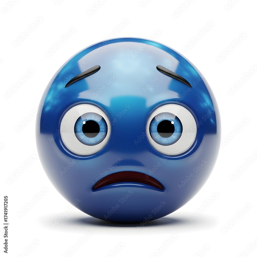 Fototapeta premium Sad blue emoji isolated on white background with a worried facial expression