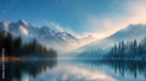 Blurred scenic mountain background, snow-capped peaks, pine forest, calm lake, soft morning light with dreamy haze, smooth gradient blur, wide open sky with copy space for headline text.