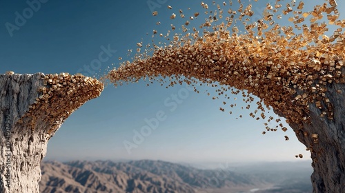 A golden bridge ending abruptly over a canyon, pieces falling mid-air, symbolizing sudden market shifts where businesses fail to pivot or extend their innovation strategies.