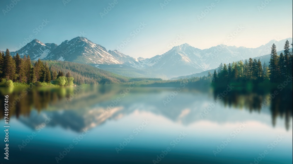 Fototapeta premium Blurred scenic mountain background, snow-capped peaks, pine forest, calm lake, soft morning light with dreamy haze, smooth gradient blur, wide open sky with copy space for headline text.