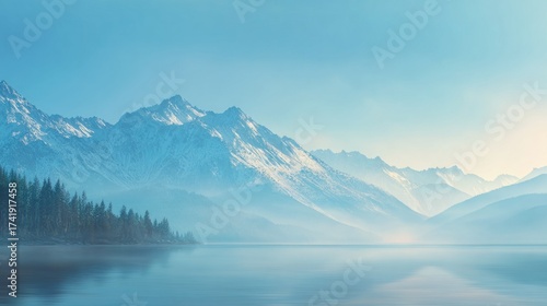 Wallpaper Mural Blurred scenic mountain background, snow-capped peaks, pine forest, calm lake, soft morning light with dreamy haze, smooth gradient blur, wide open sky with copy space for headline text. Torontodigital.ca