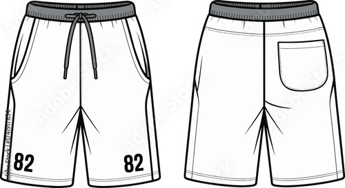 Men’s shorts front and back CAD drawing flat vector, fashion design template, casual wear technical sketch, athletic clothing mockup