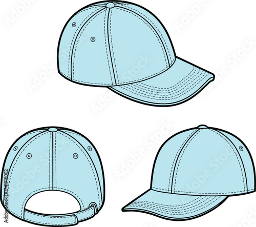 Vector CAD drawing flat of blue baseball cap technical sketch, unisex adjustable hat mockup with front back and side views