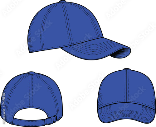 Vector CAD drawing flat of royal blue baseball cap technical sketch, unisex adjustable hat mockup with front back and side views