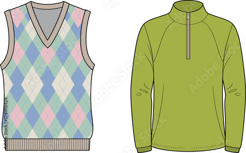Vector CAD flat of argyle sleeveless sweater vest and green quarter-zip pullover, unisex casual knitwear fashion technical drawing