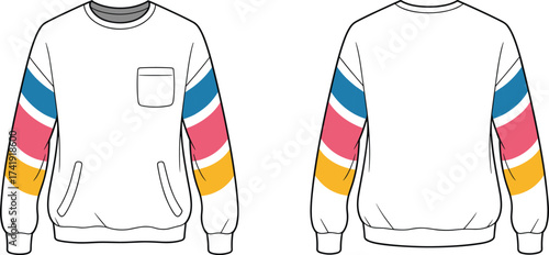 Vector CAD flat of crewneck sweatshirt with colorful sleeve stripes, front pocket and ribbed cuffs, casual unisex pullover design