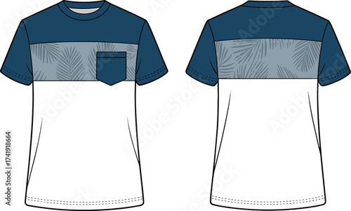 Vector CAD flat of color block t-shirt with tropical leaf print yoke, short sleeve casual unisex summer top design