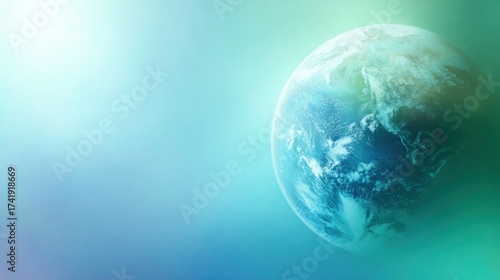 Wallpaper Mural Blurred soft blue and green planet Earth with gentle light glow, cool atmospheric tone, calm and peaceful feeling, dreamy blur effect, minimal clean design with wide blank copy space for text overlay. Torontodigital.ca