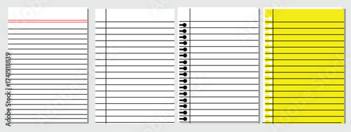 Set of assorted spiral notebook pages: lined, squared, and blank. vector illustration
