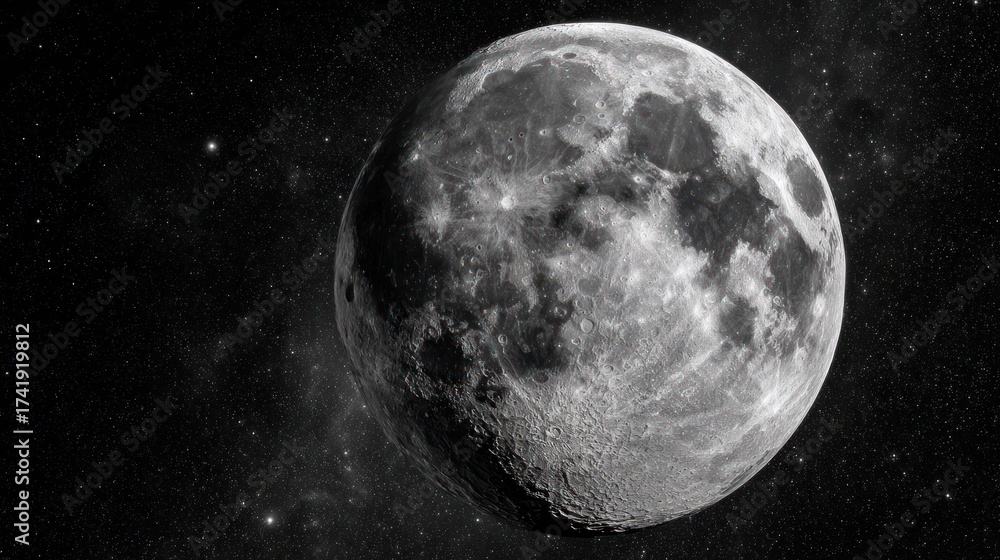 Obraz premium Close-up of the full gray lunar sphere, showing detailed craters against a starry cosmos